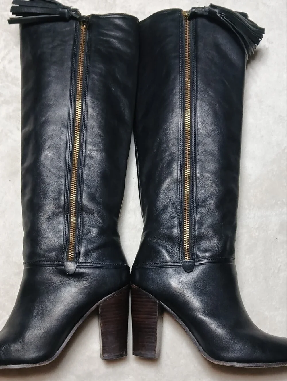 Coach Black Leather Mid-Calf Tassel Zip Boots Size 7.5